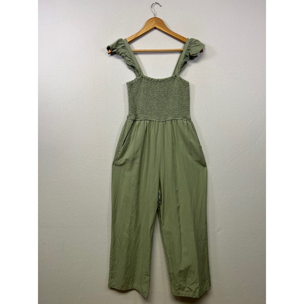 Cottagecore Pink Lily Womens Medium Sage Green‎ Smocked Ruffle Linen Jumpsuit